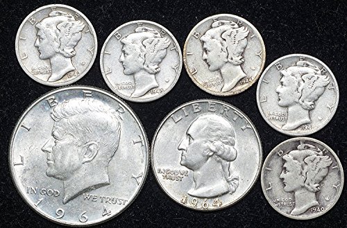 1900 Era 90% Silver Coin Lot - Kennedy Half, Washington Quarter, 5 Mercury Dimes - PD or S Mint Marks - 1/2 US Mint - VG and Better