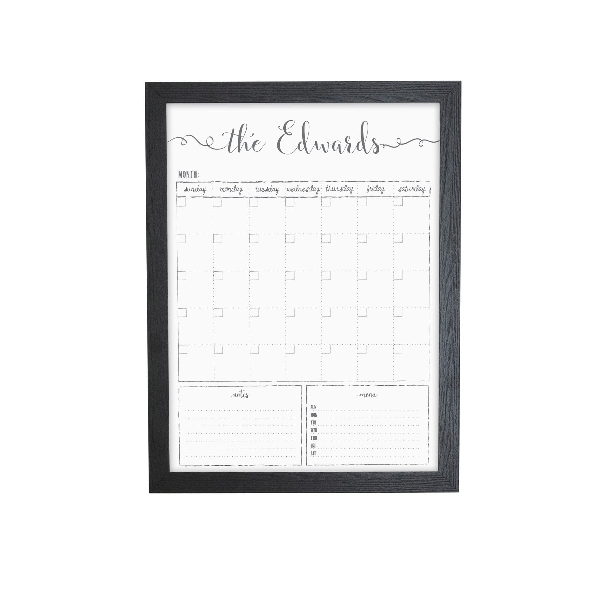 Customized Dry Erase Whiteboard Framed Calendar, Wet Erase or Dry Erase, 18x24 or 24x36 Wall Calendar, Monthly Calendar, Family Name Calendar