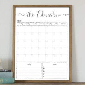 Customized Dry Erase Whiteboard Framed Calendar, Wet Erase or Dry Erase, 18x24 or 24x36 Wall Calendar, Monthly Calendar, Family Name Calendar
