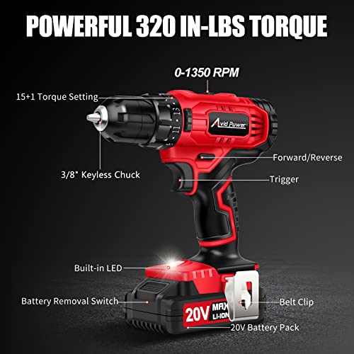 AVID POWER 20V Cordless Drill Set 320 In-lbs Torque Power Drill/Driver Kit with 41pcs Accessories and Drill Brush, 2 Variable Speed, 3/8'' Keyless Chuck
