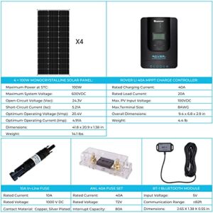 Renogy 400 Watt 12 Volt Premium 4 Pcs 100W Panel+40A MPPT Charge Controller+ Bluetooth Module Fuse+ Mounting Z Brackets+Adaptor Kit +Tray Cables Set, 400W, Grid 12V Solar Power System