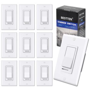 [10 pack] bestten dimmer light switch, single-pole or 3-way dimmer switches, 120v, compatible with dimmable led, cfl, incandescent and halogen bulbs, decorator wallplate included, ul listed, white