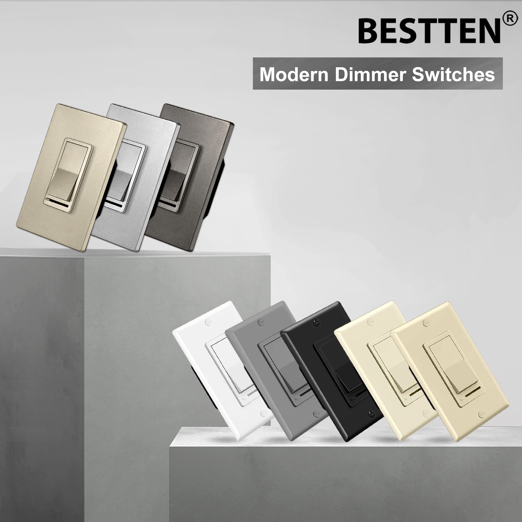 [10 Pack] BESTTEN Dimmer Light Switch, Single-Pole or 3-Way Dimmer Switches, 120V, Compatible with Dimmable LED, CFL, Incandescent and Halogen Bulbs, Decorator Wallplate Included, UL Listed, White