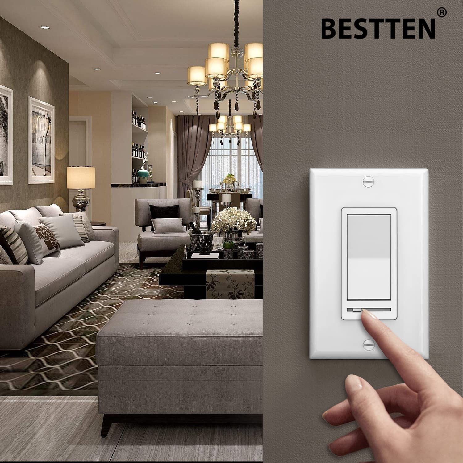 [10 Pack] BESTTEN Dimmer Light Switch, Single-Pole or 3-Way Dimmer Switches, 120V, Compatible with Dimmable LED, CFL, Incandescent and Halogen Bulbs, Decorator Wallplate Included, UL Listed, White