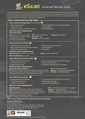 eScan Universal Security Suite any 3 OS license data stream scan Two Way Firewall (Improved) 360 Anti Malware Find your device on theft or loss | 3 Devices - 3 Years | PC/Mac/Android/Linux/iPhone/iPad