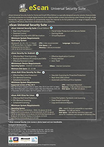 eScan Universal Security Suite 5 in 1 license Total Internet Security Software 2019 Max Security USB Security Cloud Backup files folders protection 5 Devices - 2 Years 360 [PC/Mac/Android/Linux/iPhone