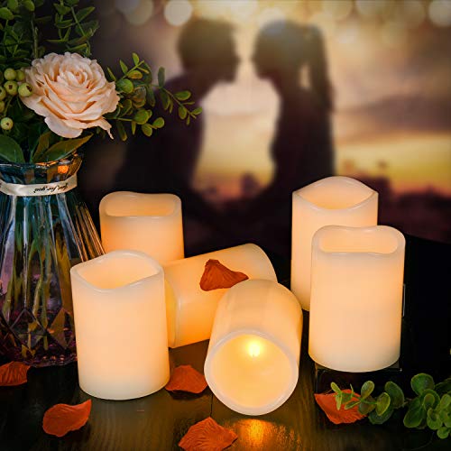 AKU TONPA Flameless Candles Battery Operated Pillar Real Wax Flickering Electric LED Candle Gift Sets with Remote Control Cycling 24 Hours Timer, Pack of 6 (3" D x 4" H, Ivory)