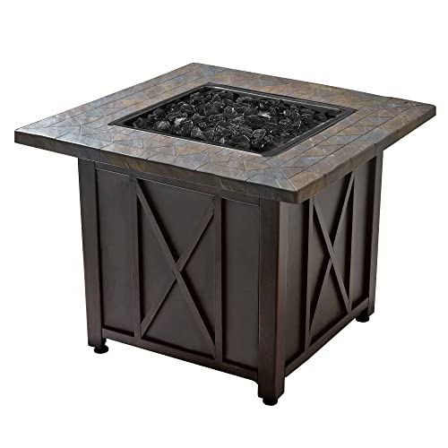 Endless Summer 30 Inch Square 30,000 BTU Liquid Propane Gas Outdoor Fire Pit Table w/Push Button Ignition, Black Fire Glass, & Steel Fire Bowl, Black