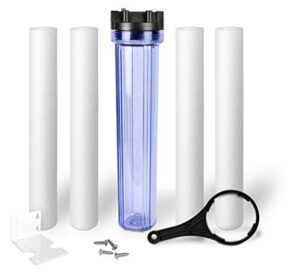 whole house water filter purifier system, transparent 20” housing with presser relief button, 1” inlet/outlet & 5 micron sediment water filter cartridge with 3 replacement filters