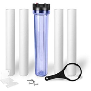 Whole House Water Filter Purifier System, Transparent 20” Housing with Presser Relief Button, 1” Inlet/Outlet & 5 Micron Sediment Water Filter Cartridge with 3 Replacement Filters