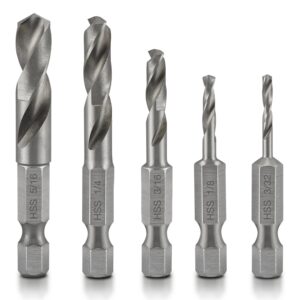 neiko 11402a stubby drill bit set for metal, 5 piece 1/4" quick change hex shank, m2 high speed steel for quick change, chucks and drives drill bit holder included, hex shank drill bit set