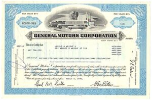 1970 rare original gm (general motors) stock certificate w futuristic vignette (blue) buy 2 to also receive green type"not more than 10,000 shares" extra fine