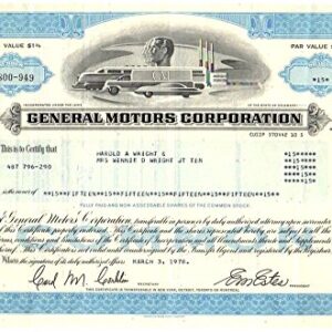 1970 RARE ORIGINAL GM (GENERAL MOTORS) STOCK CERTIFICATE w FUTURISTIC VIGNETTE (BLUE) BUY 2 TO ALSO RECEIVE GREEN TYPE"Not More than 10,000 Shares" Extra Fine