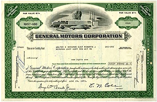 1970 RARE ORIGINAL GM (GENERAL MOTORS) STOCK CERTIFICATE w FUTURISTIC VIGNETTE (BLUE) BUY 2 TO ALSO RECEIVE GREEN TYPE"Not More than 10,000 Shares" Extra Fine