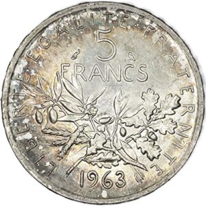 1963 fr french silver km# 926 5 francs about uncirculated