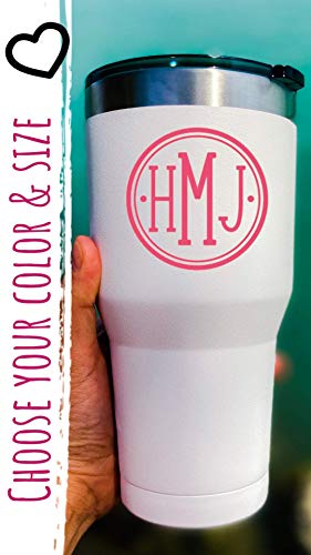 Custom Monogram Vinyl Decal - Initial Bumper Sticker, for Tumblers, Laptops, Car Windows -Circle with Simple Letters & Dot Design