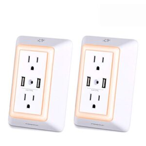 usb wall charger, surge protector, powrui usb outlet with 2 usb ports (2.4a total) and dusk-to-dawn sensor night light, 1080joules, etl listed - white (2-pack)