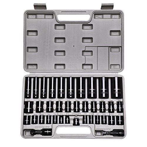 CASOMAN Complete 3/8" and 1/2” Drive Impact Socket Set, Inch (SAE) /Metric, Cr-V, 6-Point, 3/8"- 1-1/4", 8 mm - 24 mm, Deep & Shallow, 38-Piece Impact Socket Set