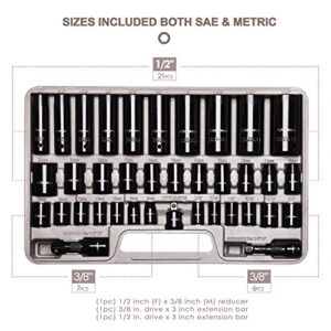 CASOMAN Complete 3/8" and 1/2” Drive Impact Socket Set, Inch (SAE) /Metric, Cr-V, 6-Point, 3/8"- 1-1/4", 8 mm - 24 mm, Deep & Shallow, 38-Piece Impact Socket Set