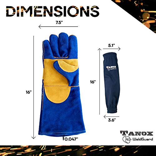 Leather Forge Welding Gloves Heat/Fire Resistant, Mitts16 inch long for Oven/Grill/Fireplace/Furnace/Stove/Pot Holder/Tig Welder/Mig/BBQ/Animal handling glove with Bonus: protection sleeves – Blue