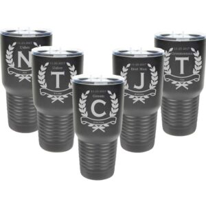 groomsman 30 ounce tumbler in sets of 4 to 15 made of stainless steel custom engraved with a clear lid including choices of color, design, straw, thank you message and spill proof slide lid