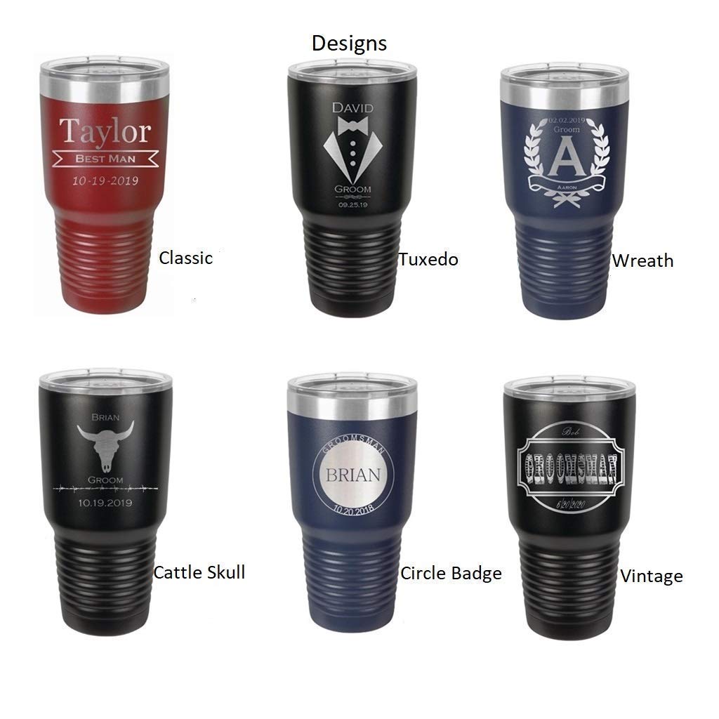 Groomsman 30 ounce Tumbler in Sets of 4 to 15 made of Stainless Steel Custom Engraved with a Clear Lid including Choices of Color, Design, Straw, Thank You Message and Spill Proof Slide Lid