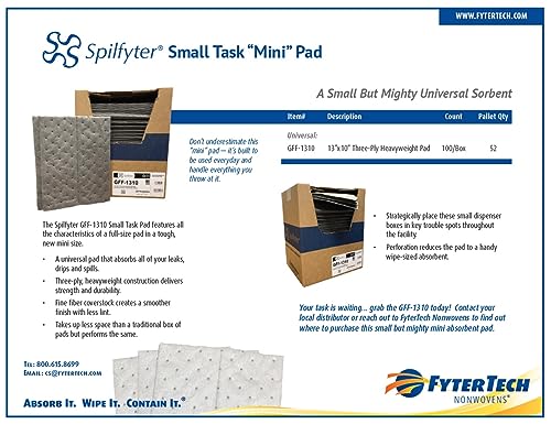 Evolution Sorbent Products XMBGPF1310 Spilfyter Polypropylene Extra Heavy Absorbent Pad, 12 Gal Capacity, 13" Length, 10" Width, Gray, Pack of 100