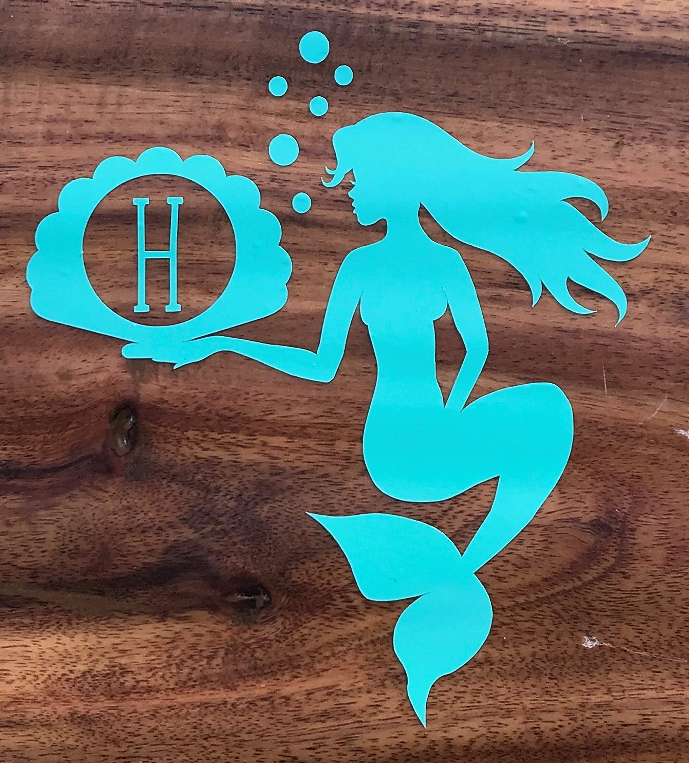 Custom Mermaid Initial Monogram Vinyl Decal - Beach Bumper Sticker, for Tumblers, Laptops, Car Windows -Shell & Bubbles Design