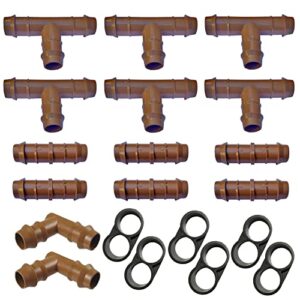 habitech irrigation fittings kit for 1/2" tubing - 20 piece set - 6 tees, 6 couplings, 2 elbows, 6 end cap plugs - barbed connectors for rain bird and compatible drip or sprinkler systems