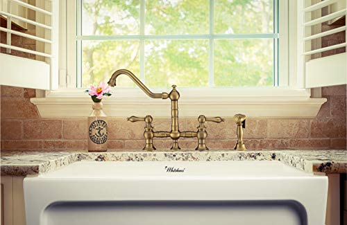 Whitehaus Collection WHKBTLV3-9201-NT-AB Vintage III Plus Bridge Faucet with Long Traditional Swivel Spout, Lever Handles and Solid Brass Side Spray, One Size, Antique Brass