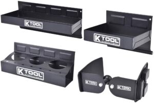 k tool international 72462a magnetic toolbox shelf, tray, and holder set for garages, repair shops, and diy, rubber coated magnets, (2) trays, (1) paper towel and spray can holders, black, 4-piece