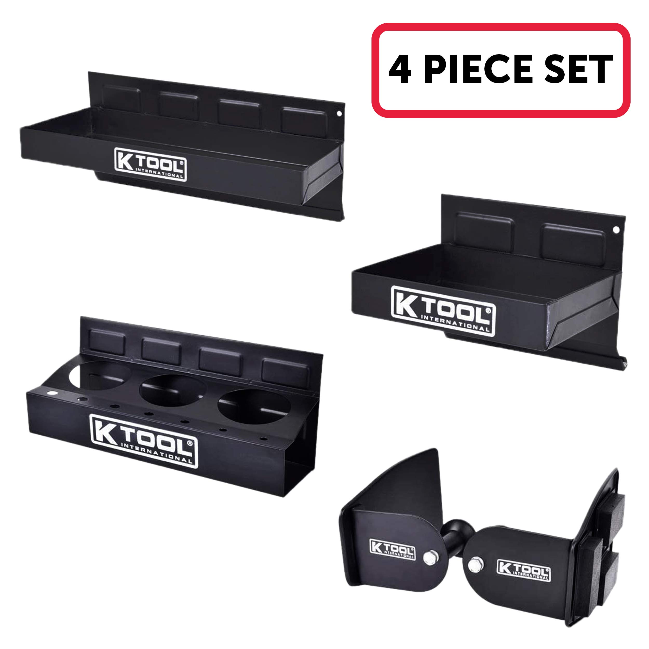 K Tool International 72462A Magnetic Toolbox Shelf, Tray, and Holder Set for Garages, Repair Shops, and DIY, Rubber Coated Magnets, (2) Trays, (1) Paper Towel and Spray Can Holders, Black, 4-Piece