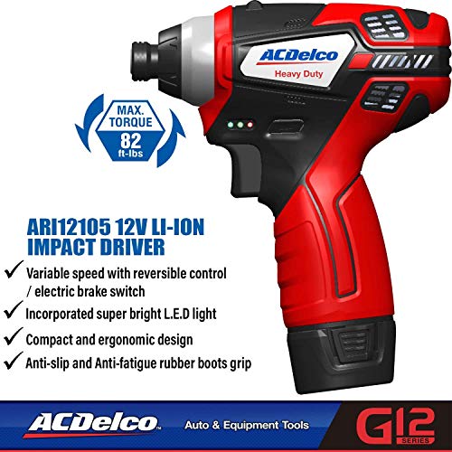 ACDelco ARI12105P G12 Series 12V Cordless Li-ion ¼” 82 ft-lbs. Impact Driver Tool Kit with 2 Batteries