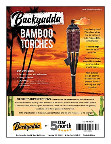 Backyadda Bamboo Tiki Torches for Outside with Extra-Large (16oz) Metal Canisters and Fiberglass Wicks for Longer Lasting Burn. Stands 59" Tall. Multiple Styles Available. (Burnt Sienna, 6 Pack)