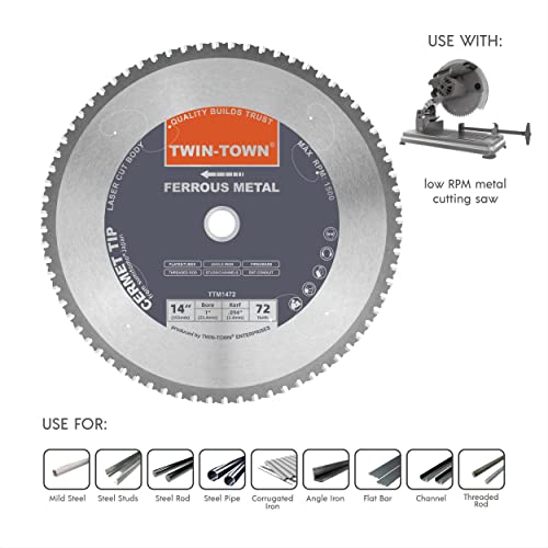 TWIN-TOWN 14-Inch 72 Teeth Dry Cut Steel and Ferrous Metal Cermet Saw Blade with 1-Inch Arbor