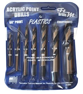drill bits for plastic (acrylic, plexiglass, abs, lexan, polycarbonate, pvc) norseman 7pc acrylic point drill set in vinyl pouch. includes 1/8", 3/16", 1/4", 5/16", 3/8", 7/16", and 1/2" part bg4600