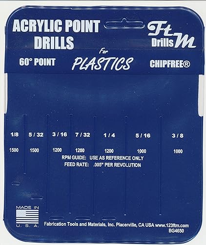 Drill Bits for Plastic (Acrylic, plexiglass, ABS, lexan, Polycarbonate, PVC) Norseman 7pc Acrylic Point Drill Set in Vinyl Pouch. Includes 1/8", 5/32", 3/16", 7/32" 1/4", 5/16", and 3/8" Part BG4650A