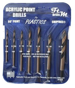 drill bits for plastic (acrylic, plexiglass, abs, lexan, polycarbonate, pvc) norseman 7pc acrylic point drill set in vinyl pouch. includes 1/8", 5/32", 3/16", 7/32" 1/4", 5/16", and 3/8" part bg4650a