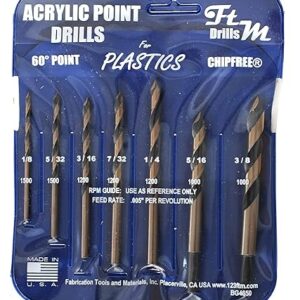 Drill Bits for Plastic (Acrylic, plexiglass, ABS, lexan, Polycarbonate, PVC) Norseman 7pc Acrylic Point Drill Set in Vinyl Pouch. Includes 1/8", 5/32", 3/16", 7/32" 1/4", 5/16", and 3/8" Part BG4650A