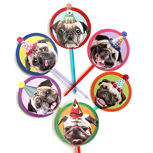 Pugs Cupcake Toppers, set of 6 different birthday dogs party decorations, printed both sides