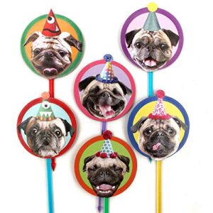 Pugs Cupcake Toppers, set of 6 different birthday dogs party decorations, printed both sides