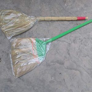 Vietnamese Original Soft Fan Straw Broom with Straw Handle (chổi lúa) 40 inch and a Plastic Handle Broom, 2 Broom