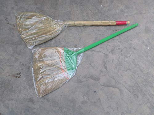 Vietnamese Original Soft Fan Straw Broom with Straw Handle (chổi lúa) 40 inch and a Plastic Handle Broom, 2 Broom