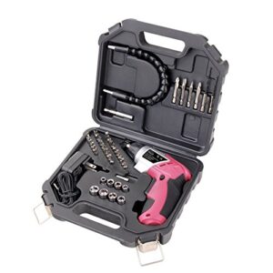 apollo tools lightweight cordless screwdriver set includes rechargeable 3.6 volt li-ion screwdriver and 45 piece accessory set in black carrying case- pink ribbon- pink - dt4944p