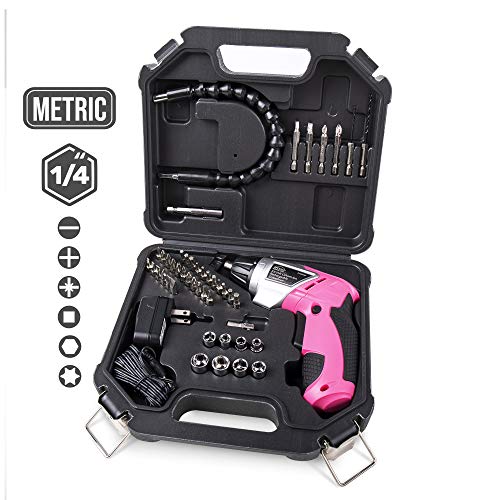 Apollo Tools Lightweight Cordless Screwdriver Set Includes Rechargeable 3.6 Volt Li-ion Screwdriver and 45 Piece Accessory Set in Black Carrying Case- Pink Ribbon- Pink - DT4944P