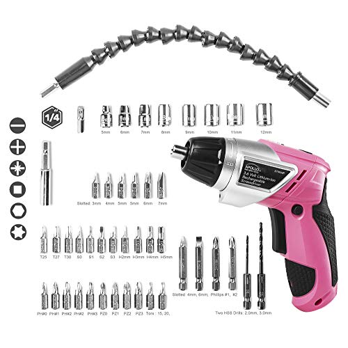 Apollo Tools Lightweight Cordless Screwdriver Set Includes Rechargeable 3.6 Volt Li-ion Screwdriver and 45 Piece Accessory Set in Black Carrying Case- Pink Ribbon- Pink - DT4944P