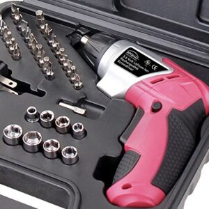 Apollo Tools Lightweight Cordless Screwdriver Set Includes Rechargeable 3.6 Volt Li-ion Screwdriver and 45 Piece Accessory Set in Black Carrying Case- Pink Ribbon- Pink - DT4944P