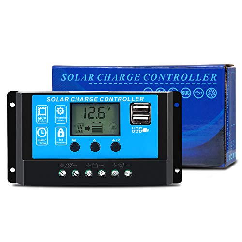 GCSOAR PWM Solar Charge Controller 10A 12V 24V Auto Work Max PV Solar Panel 100W/300W Solar Regulator with Dual 5V USB Ports LCD Display Overload Protection Timer Setting ON/Off (GC1024)