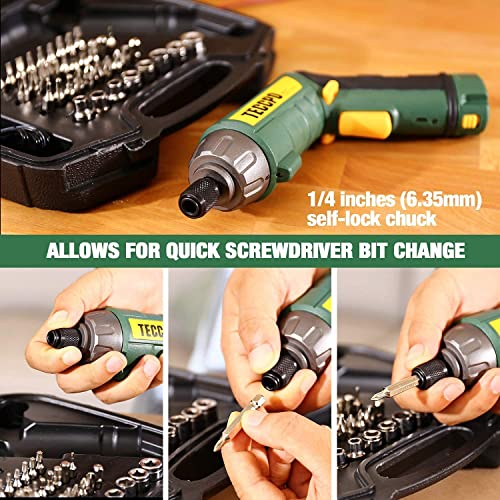 Cordless Screwdriver, 45Pcs 6N.m, TECCPO 4V Electric Power Screwdriver, 9+1 Torque Gears, Cordless Screwdriver Rechargeable with 2000mAh Li-ion, 1/4'' Hex Self-Lock Chuck, 2 LED, Adjustable 2 Position