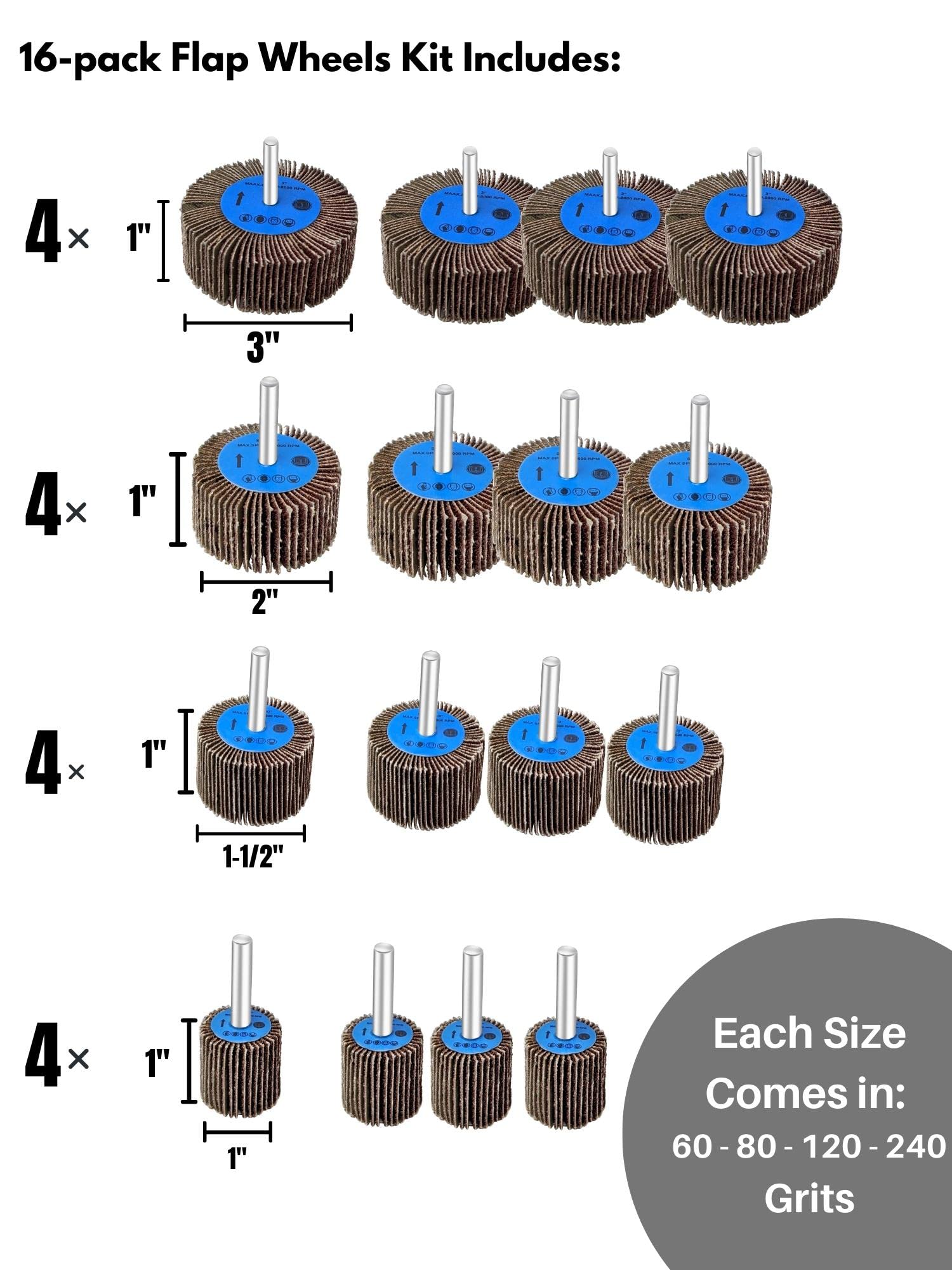 LINE10 Tools 40pk Flap Sanding Wheels Kit fits Drill and Die Grinder for Wood and Metal (16)